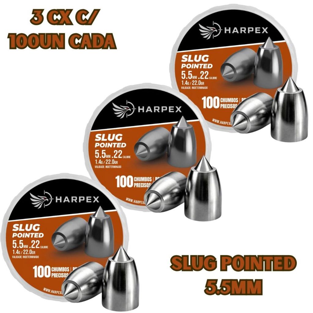 Kit 3x Chumbinho Harpex Slug Pointed 5.5mm .22 22gr Alta Precisão – 300un