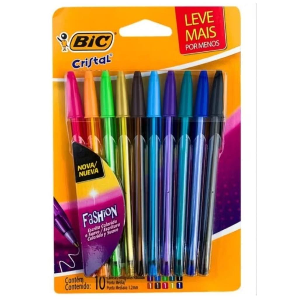 Canetas Coloridas Esferográficas Bic Cristal Coloridas Fashion Kit 4 e 10 cores Cristal Ponta Media