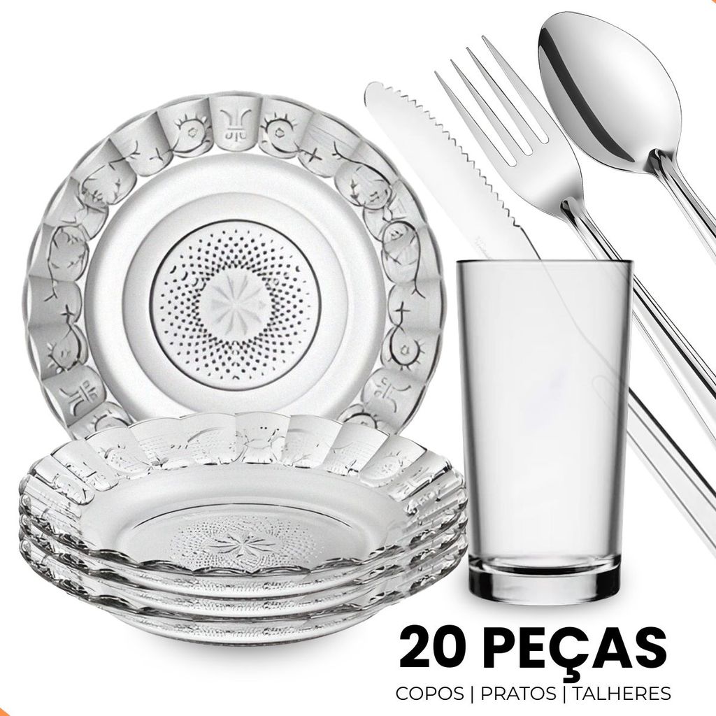 Aparelho de Jantar 20 Peças Mesa Posta com Pratos, Copos de Vidro e Talheres Inox