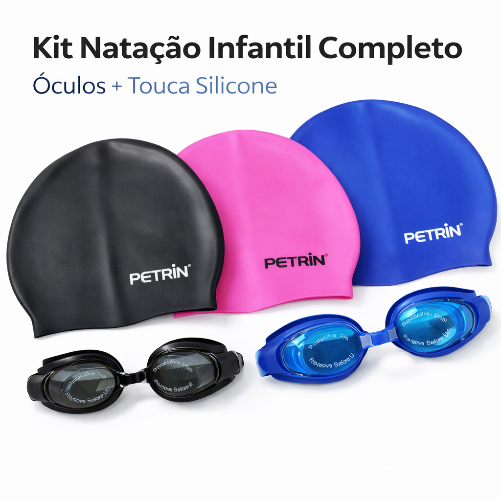 Kit Natação Infantil Ajustável Completo Óculos + Touca Silicone Confortável Piscina Escola Praia