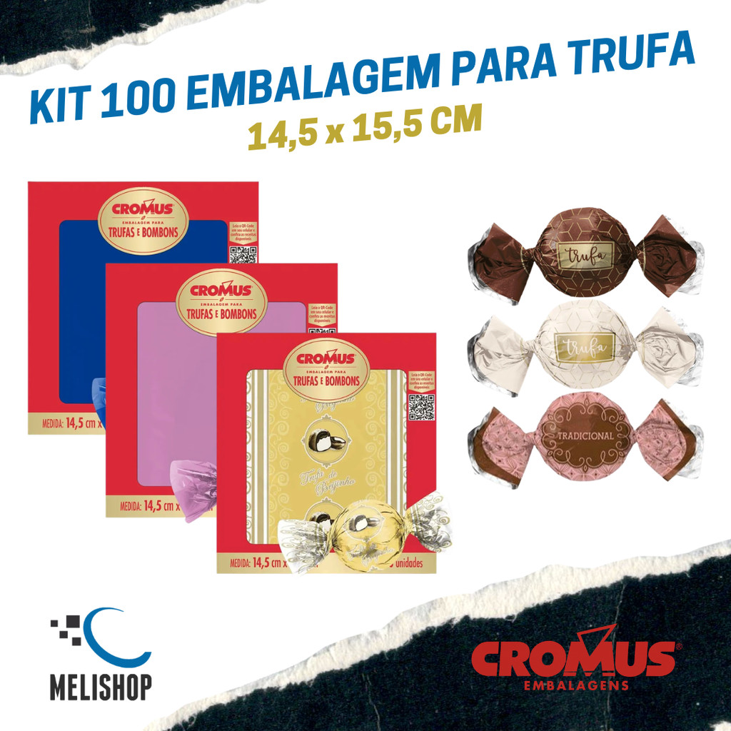 Pacote 100 Embalagens para Trufas e Bombons Brigadeiro Beijinho Diversos Sabores Cromus 14,5x15,5cm