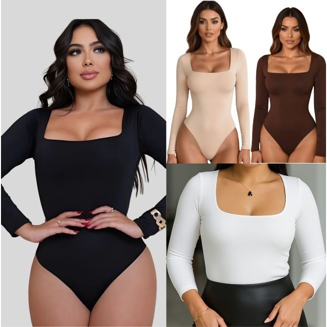 Body Manga Longa Feminino Forro Duplo Segunda Pele Casual Moderno Decote Quadrado Confortável