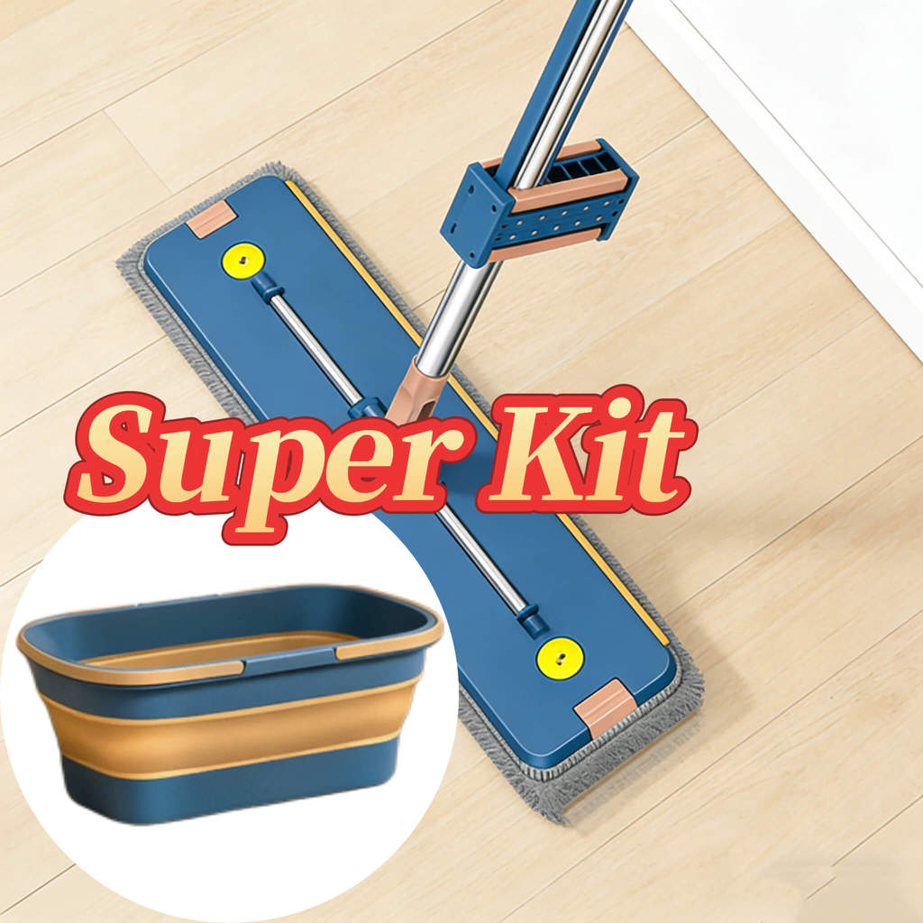 Kit Esfregão Plano Retrátil + Balde Dobrável Azul | Limpeza Úmida e Seca, Alta Capacidade e Sem Respingos