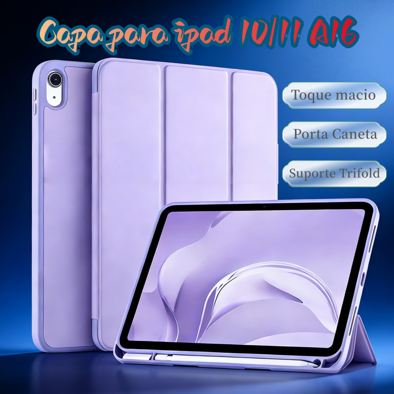 Capa Compatível com iPad A16/10/9/8/7 com Porta Caneta, Suporte Trifold, Smart Folio, Proteção Completa