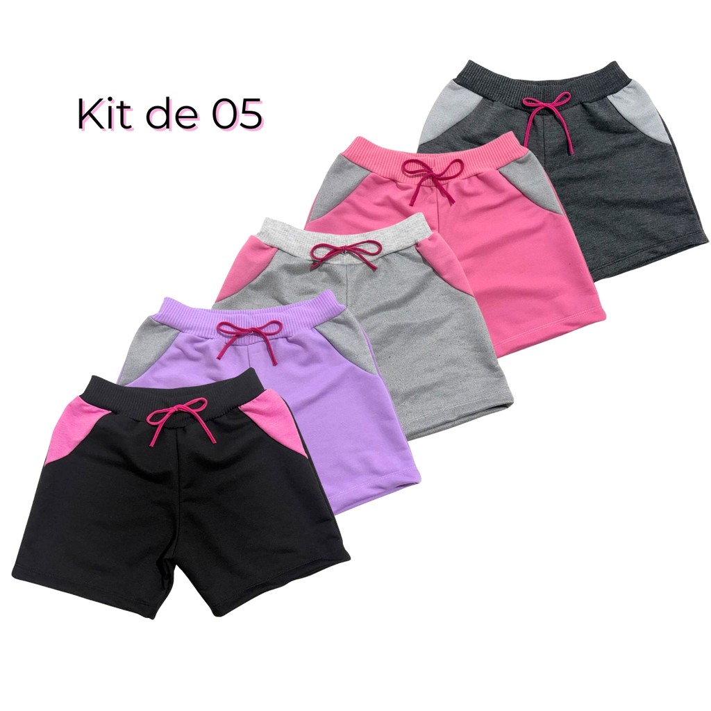 Kit 5 Shorts Moletinho Menina Escola Bermuda Infantil Dia a Dia