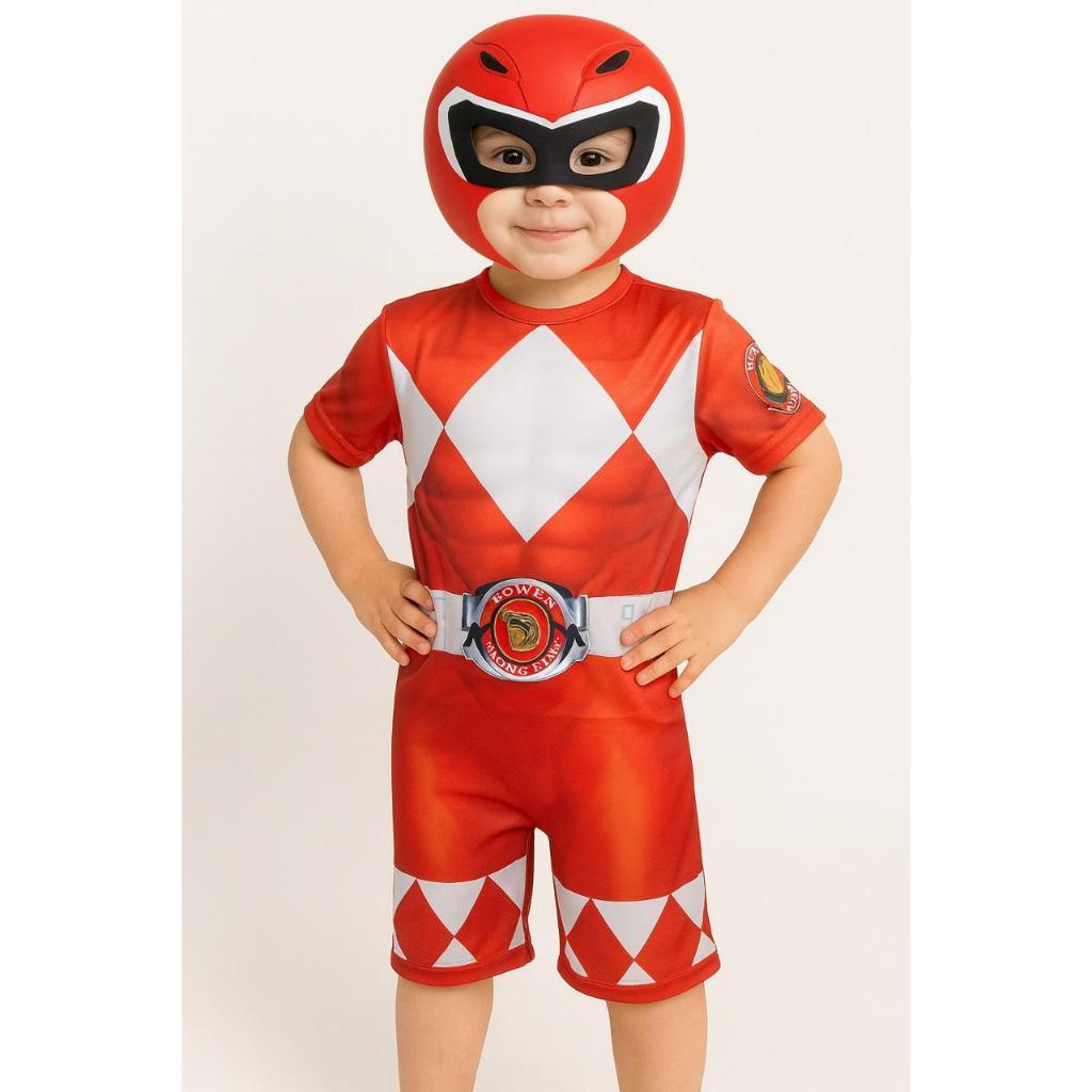 Fantasia Infantil PROMOÇÃO QUEIMA DE ESTOQUE Roupa Power Rangers Com Máscaras Preto Azul Verde e Vermelho