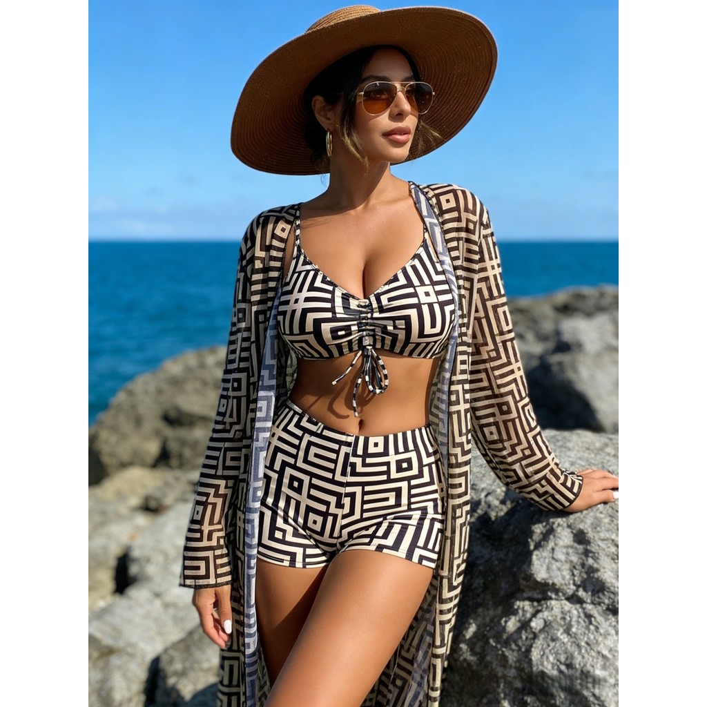Biquíni 3 Peças Conjunto Praia Feminino Kimono Saída de Praia Estampado Tropical Franzido Cadarço Verão 2026 Piscina QUA