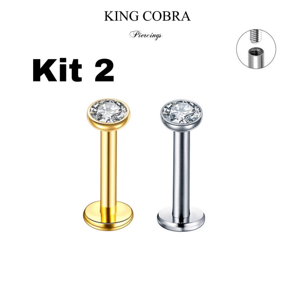 Kit 2  Piercing Labret Zircônia Mini Aço Cirúrgico Rosca Interna | Helix, Tragus, Conch, Nariz, Boca-Medusa KA117