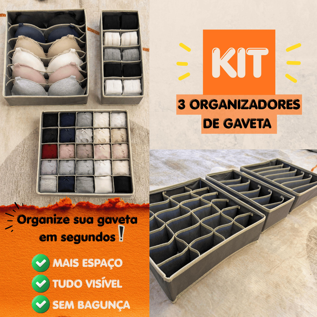 Kit Organizador de Gaveta 3 Peças | Divisórias para Calcinhas, Sutiãs e Meias | Dobrável e Prático