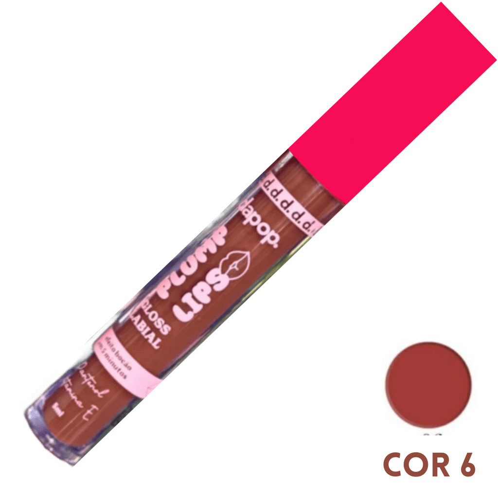 Kit 6 Gloss Labial Dapop Plump Lips Efeito Bocão Com Vitamina E Glow/Hidratação - Cor 6
