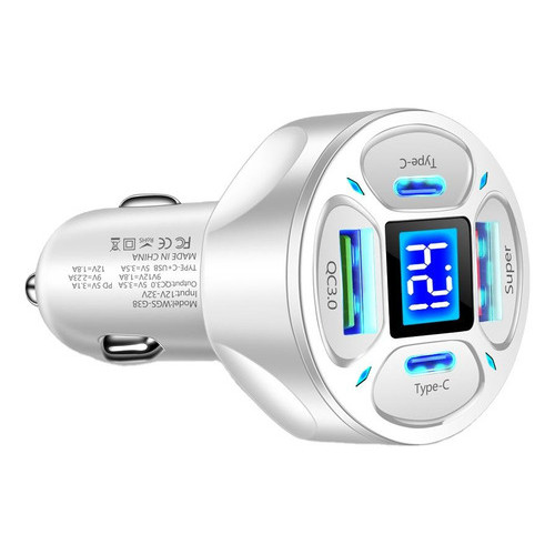 Adaptador De Carro 12v Carregador Celular Turbo + 4 Entradas USB C USB A Smartphone Tablet