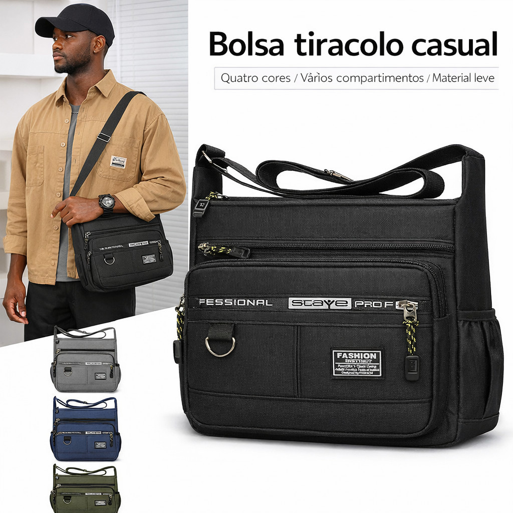 Bolsa Masculina Tiracolo Casual Nylon Bolsa Transversal com Vários Compartimentos