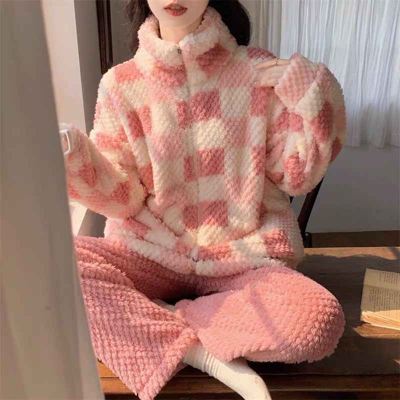 Conjunto Feminino Pijama Xadrez Algodão Inverno Blusa Zíper Gola Alta Calça Conforto Dia A Dia