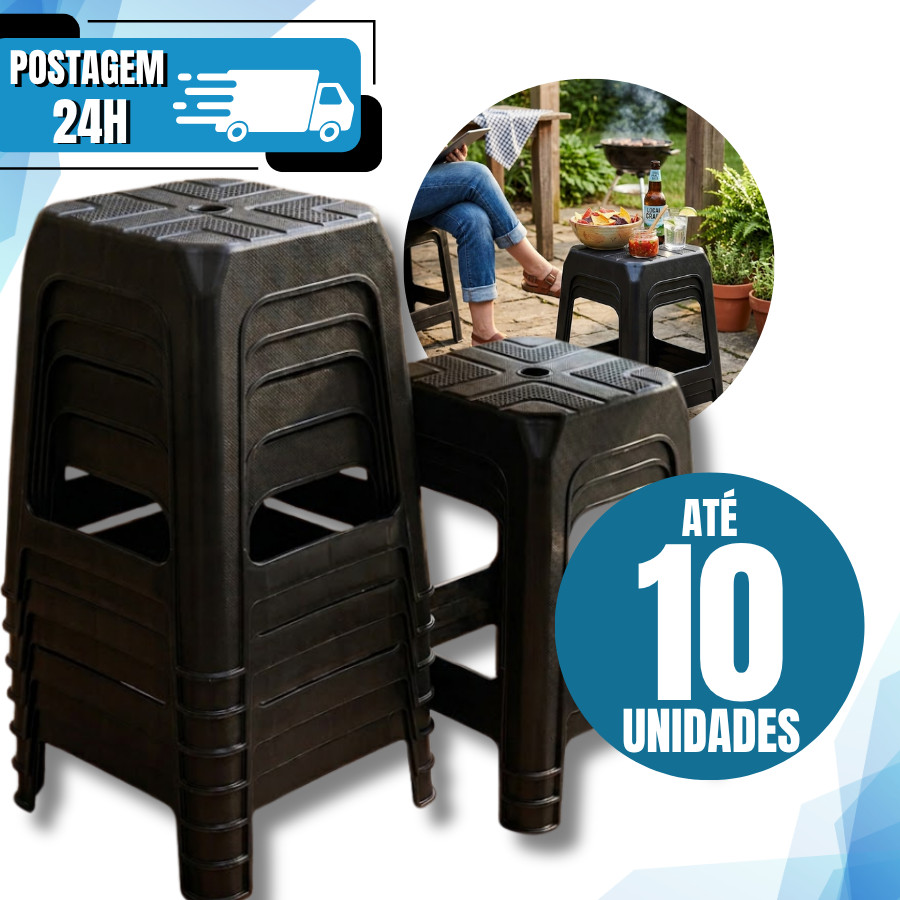 Banqueta De Plástico Resistente Reforçada Adulto Preta Até 120kg