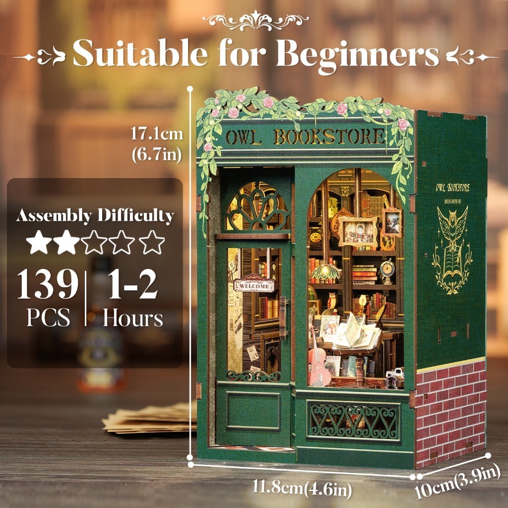 CUTEBEE OWL BookStore Book Nook DIY Doll House Retro Estilo Casa Miniatura Novidade Brinquedos 3D Puzzle