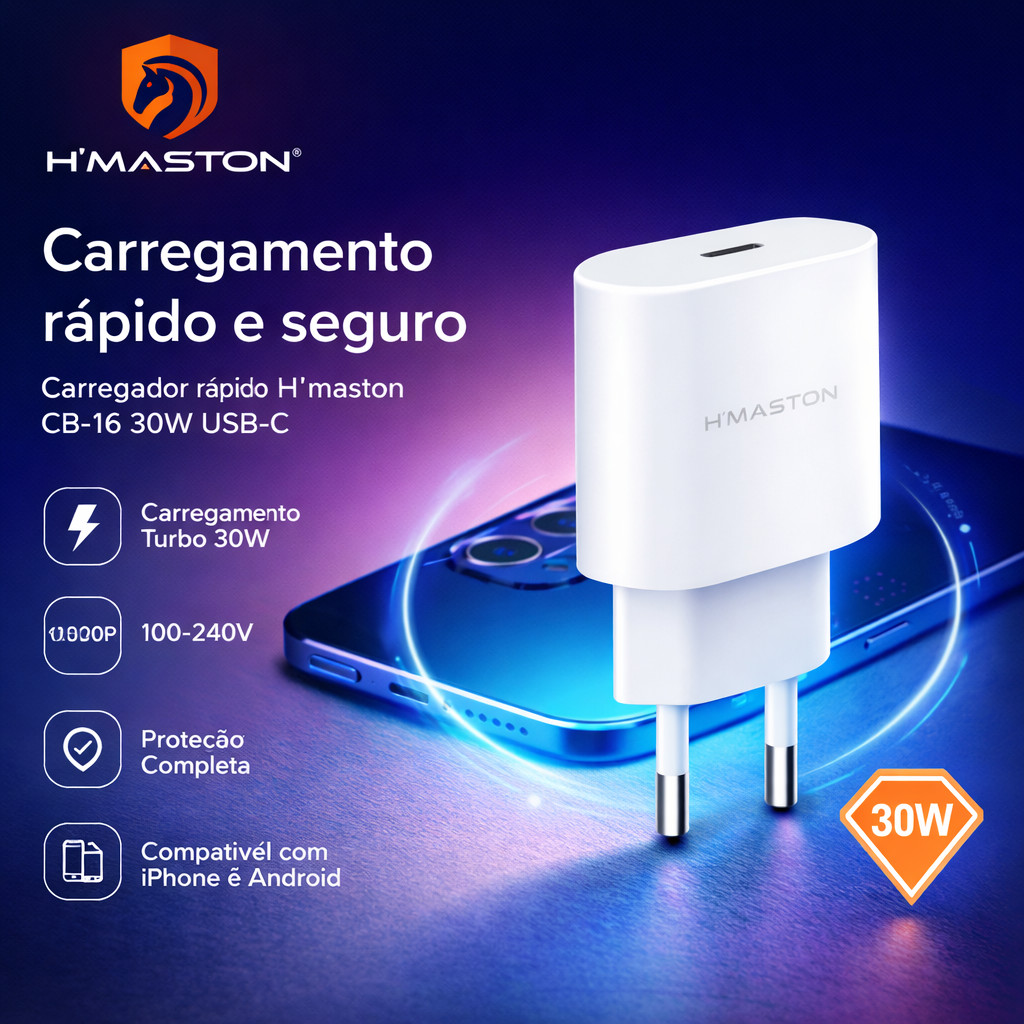 fonte carregador turbo USB-C tipo c 30w para iphone ipad H'mastom