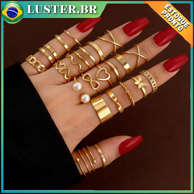 Conjunto Anel Feminino 22 Peças Dourado Vintage Kit Vários Tamanhos Moda