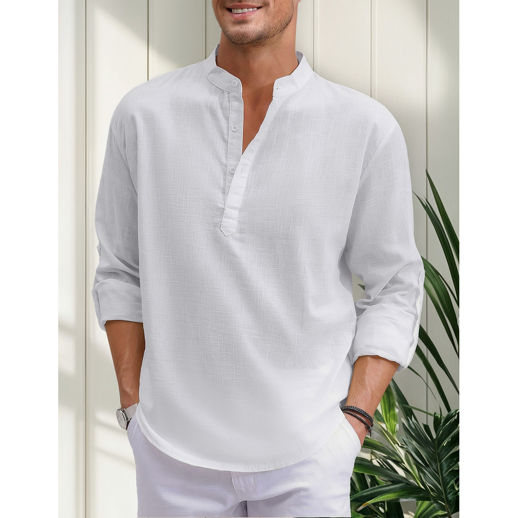 Camisa Masculina Linho Algodão Manga Comprida Confortável Casual Dia a Dia para Homens QUALY