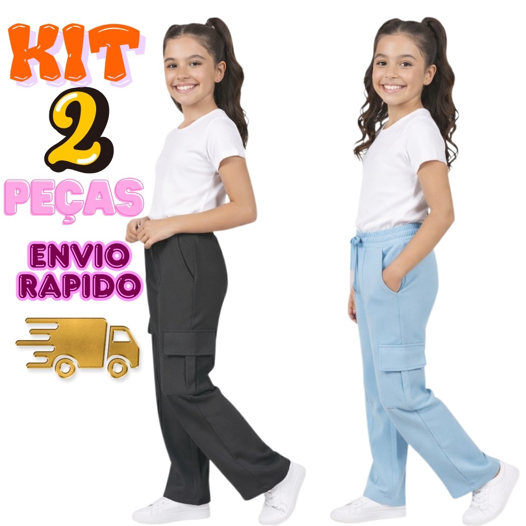 Kit 2 Calças Cargo Juvenil Moletinho Bolsos Laterais