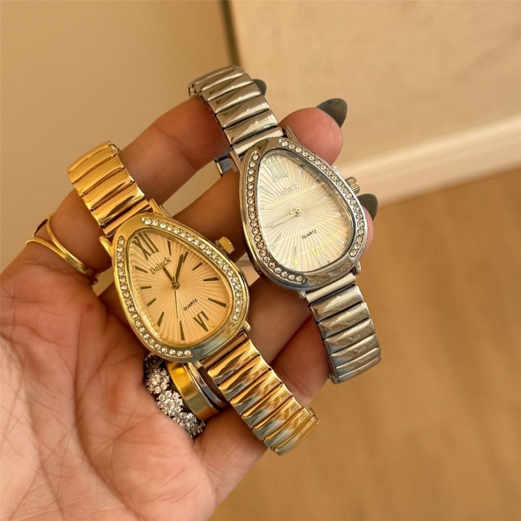 Relógio Feminino Elegante com Pulseira Elástica Estilo Cobra com Strass