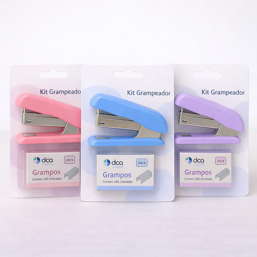 Kit Mini Grampeador + Grampos – Cores Sortidas (Rosa, Azul e Lilás)