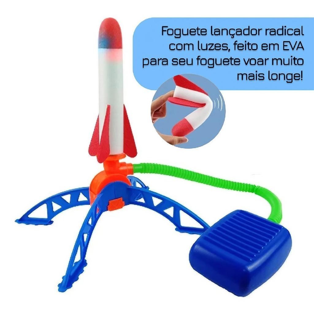 Lançador de foguetes com luzes, alcance de 30 metros, brinquedo infantil para uso externo.