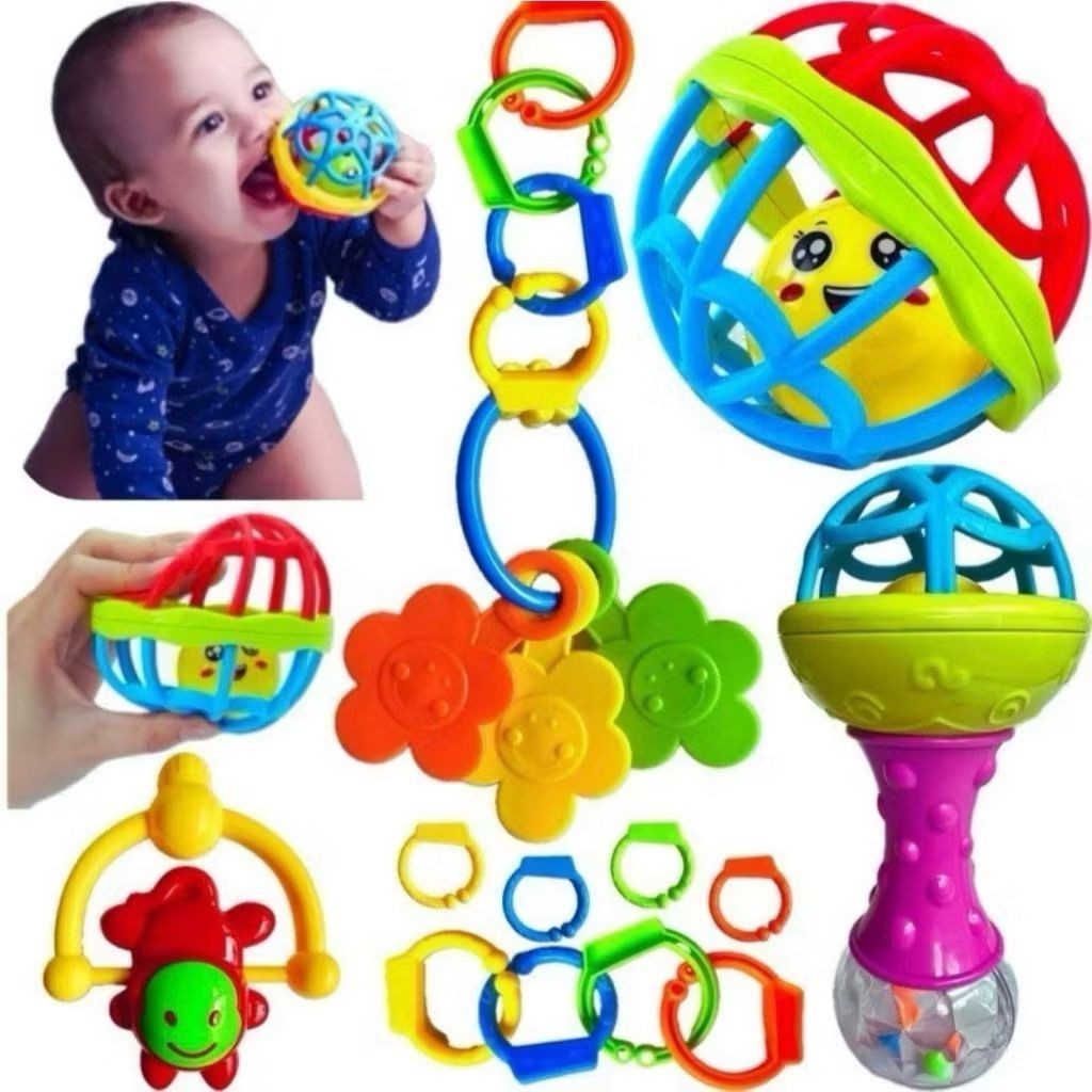 Kit 8 Brinquedo Bebe Chocalho Mordedor Silicone Macio Bola Coloridas Presentes Para Menina e Menino Móbile P/ Berço