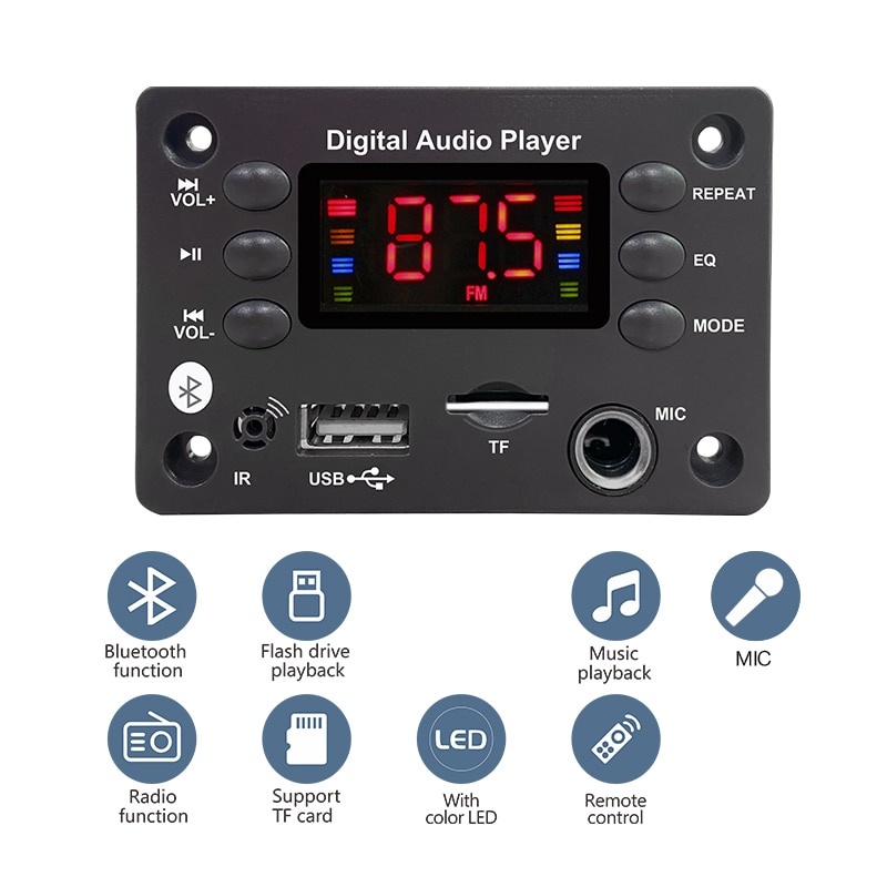 DC 5V 12V Bluetooth 5.0 Mp3 WMA WAV APE Placa Decodificadora Mãos-Livres Microfone De Áudio Do Carro USB TF Rádio FM Mp3