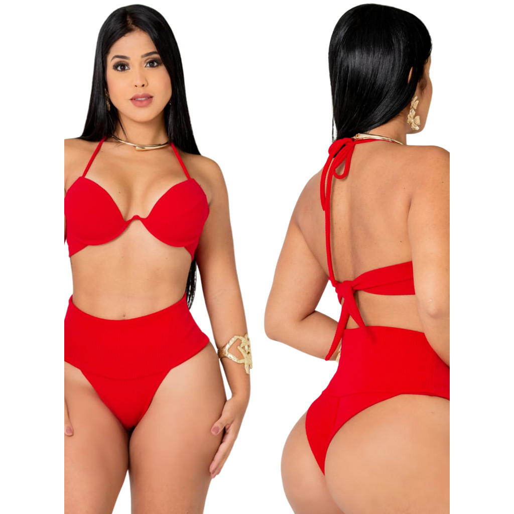 Biquini Hot pants cintura alta com bojo aro sustentação moda praia gringa verão
