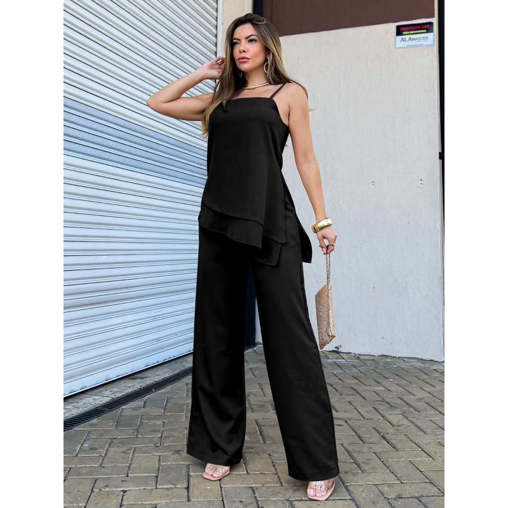 LuluRunModa Conjunto Blusa Tunica em Bata e Calça Pantalona Feminino Elegance - S783