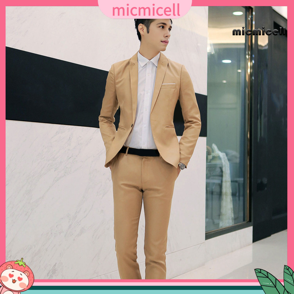 [mic] 2 Pçs/Set Masculino Slim Fit Terno Conjunto Lapela Manga Comprida Único Botão Casaco Mid-rise Calças Compridas Cor