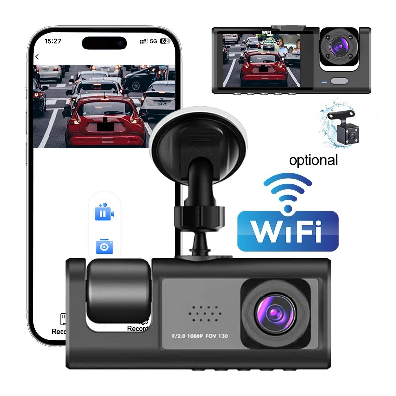 Câmera de carro com gravação frontal e traseira, 3 câmeras 1080P HD, DVR para direção, visão noturna.