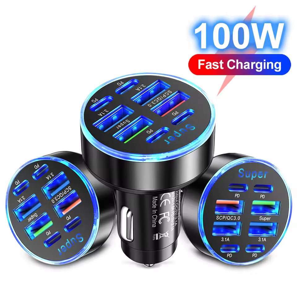 Carregador De Carro PD De 8 Portas QC3.0 Carregamento Rápido USB C Telefone Tipo Adaptador Para iPhone Samsung Huawei Xi