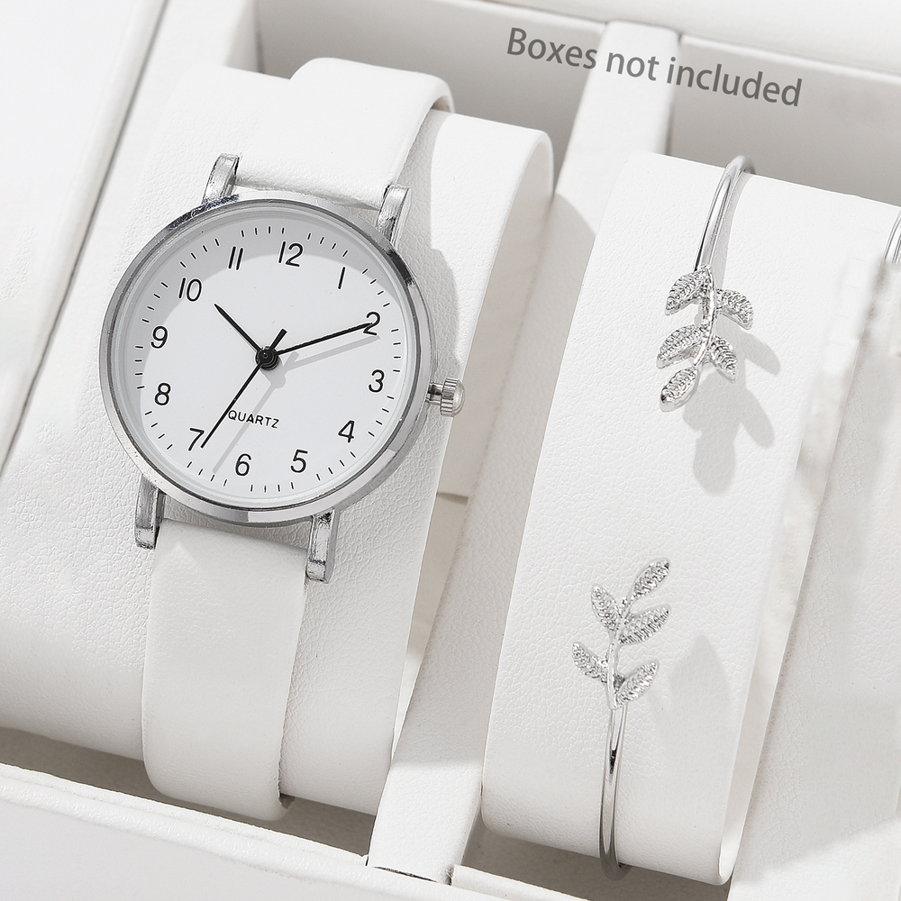 Conjunto De Relógio De Quartzo Feminino Elegante Pulseira De Couro Com Aço Inoxidável Para Uso Diário E De Férias