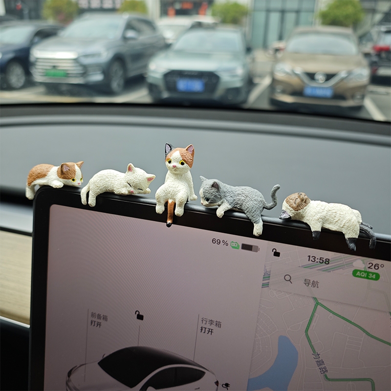  5 Peças Ornamento de Tela de Gato Pequeno para Carro Decoração Interna de Controle Central Estátua de Boneca para