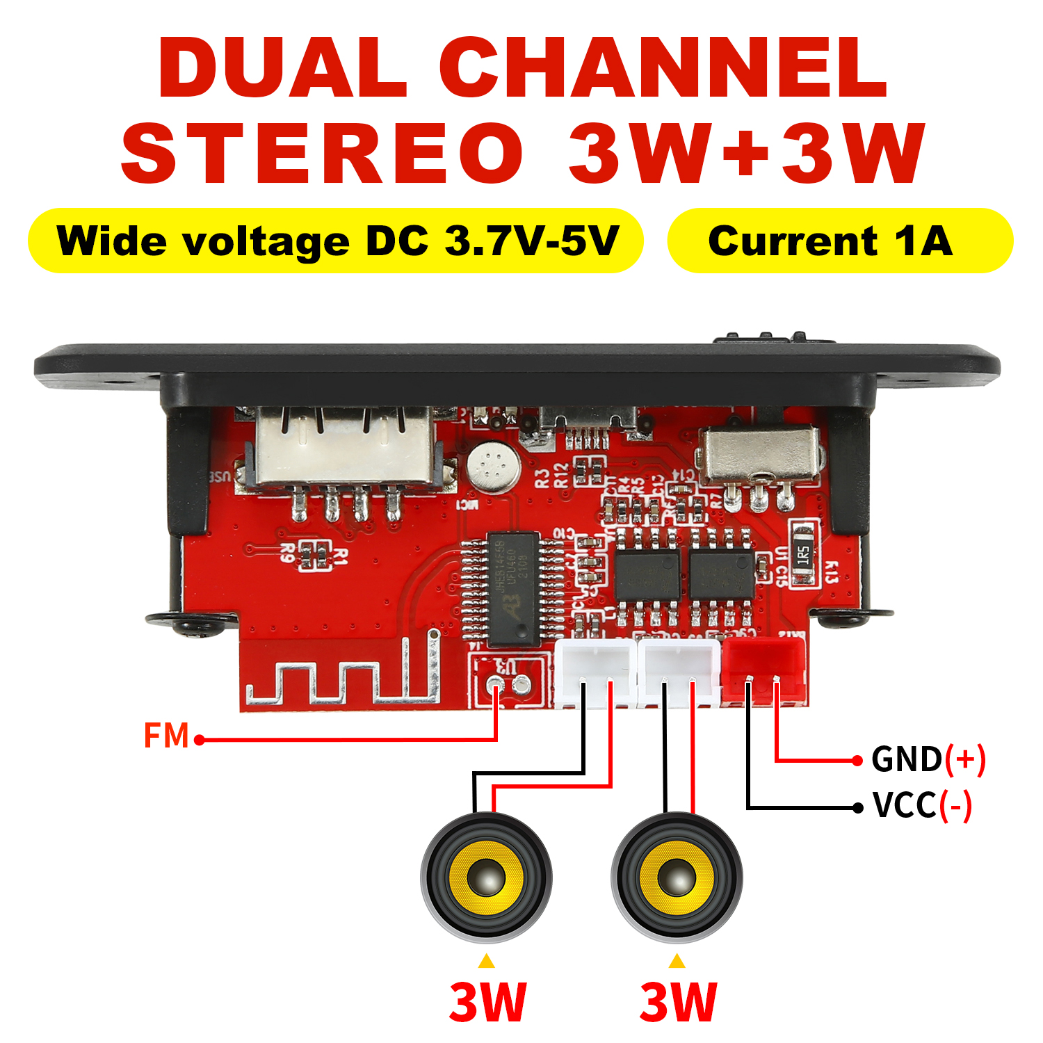 Placa Decodificadora MP3 de 6W com Amplificador Novo, Módulo de Música sem Perdas Bluetooth 5.0, Rádio FM para Carro,