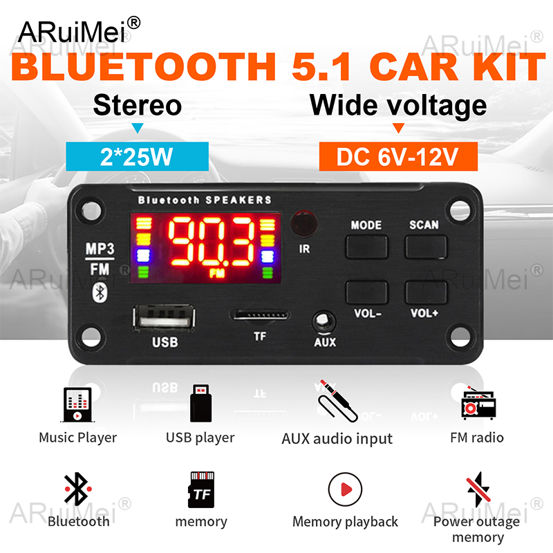 Bluetooth 5.0 MP3 Player 50W Amplificador DC12V Para Áudio De Carro Com Gravação FM USB E Chamada Viva-Voz