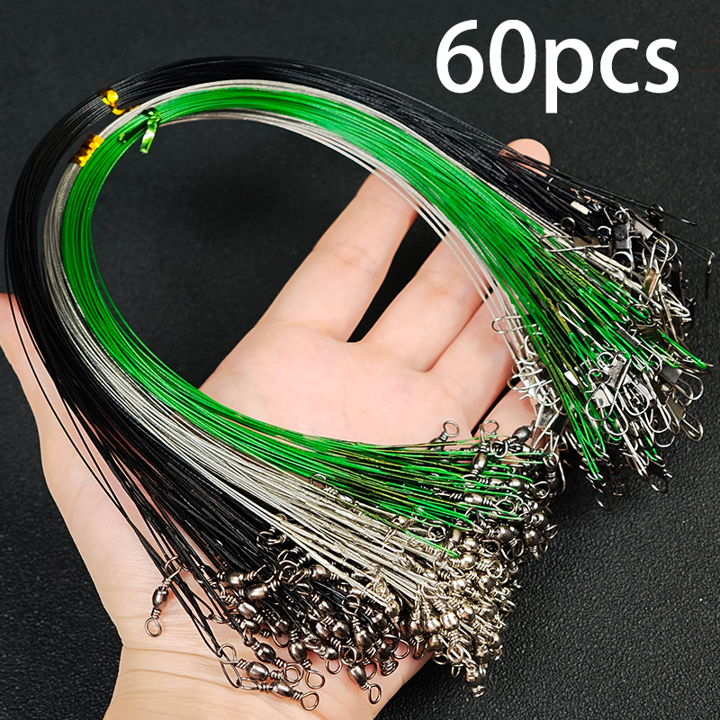 60 Líderes De Pesca De Aço Dos Pces-15/25/30cm Fio Anti-Mordida Com Giros , Trela À Prova De Dentes Inoxidável Para Pike