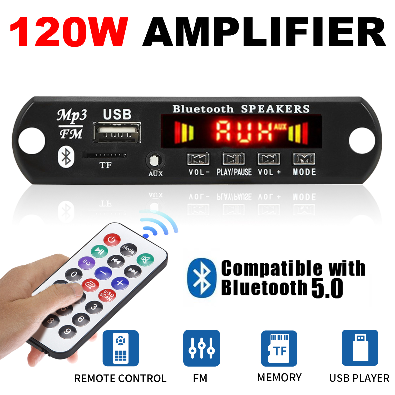  120W Amplificador Bluetooth 5.0 MP3 WMA WAV Decoder Board 12V MP3 Player Carro Música FM Módulo de Rádio com Controle