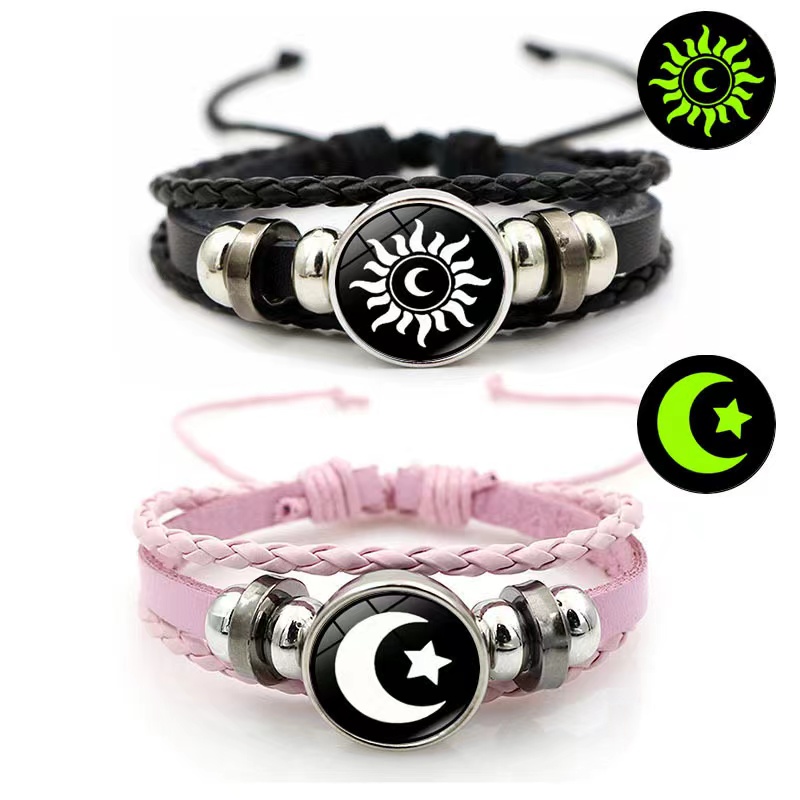 Pulseira De Couro Moonstone Que Brilha No Escuro , Joia Trançada Com Contas , Presente Perfeito Para Casal