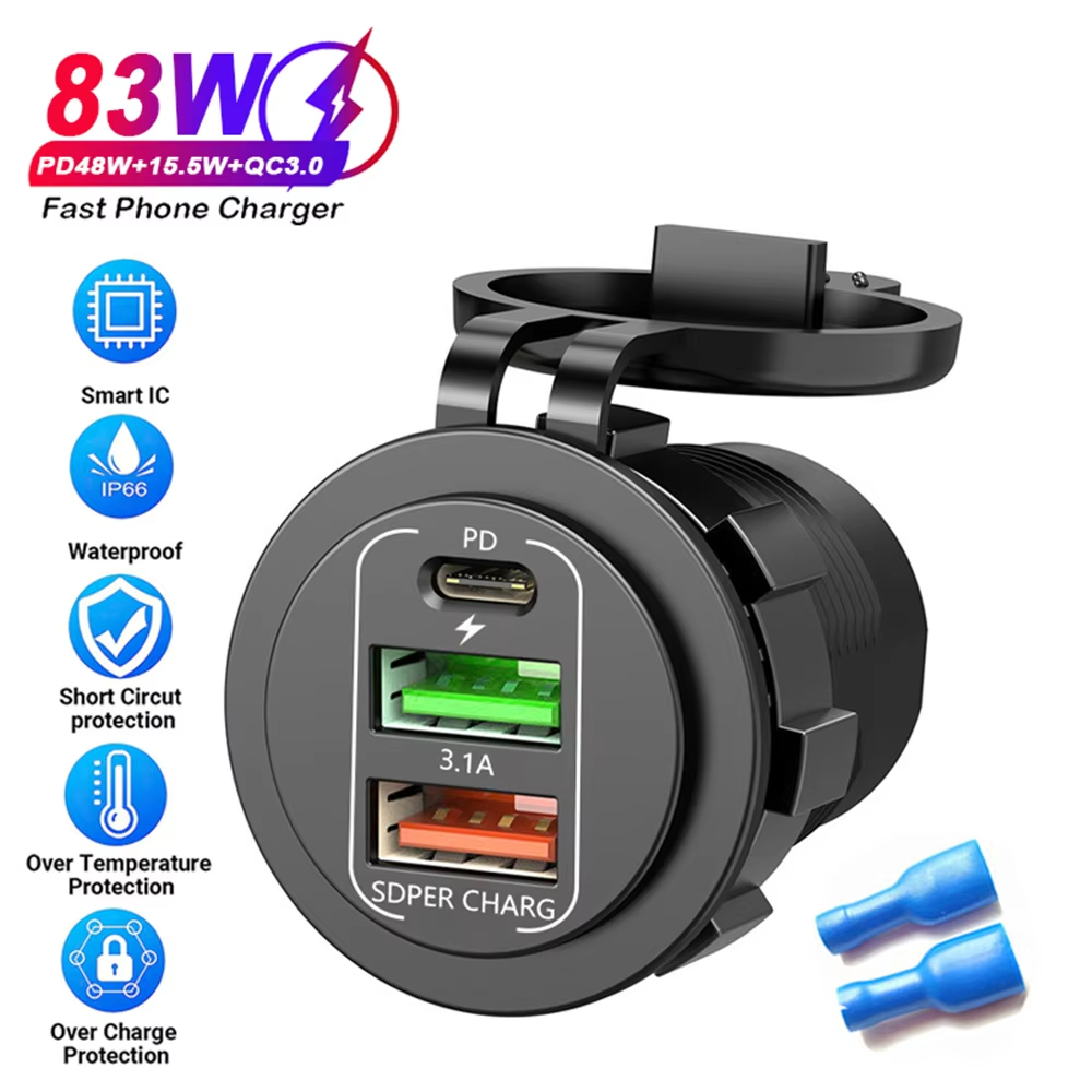 Carregador Veicular 3 em 1 12-24v com Carregamento Rápido Qc3.0, Dual Usb + Carregador Pd, Soquete de Energia À Prova