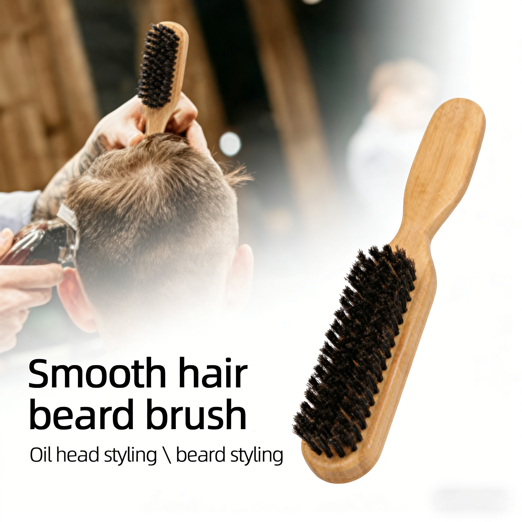 Escova Modeladora De Cabeça E Barba De Óleo Masculina-Cerdas De Juba De Porco , Para Cuidados Com Cabelos Barbas